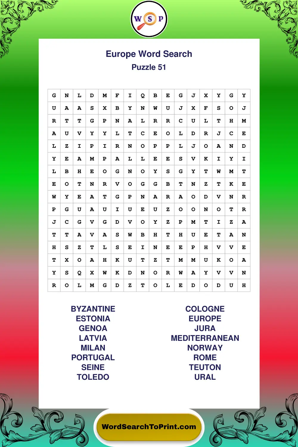 Europe Word Search Puzzle 51