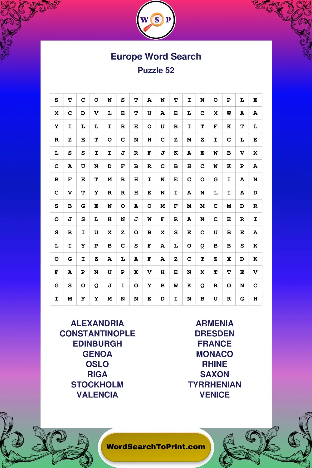 Europe Word Search Puzzle 52