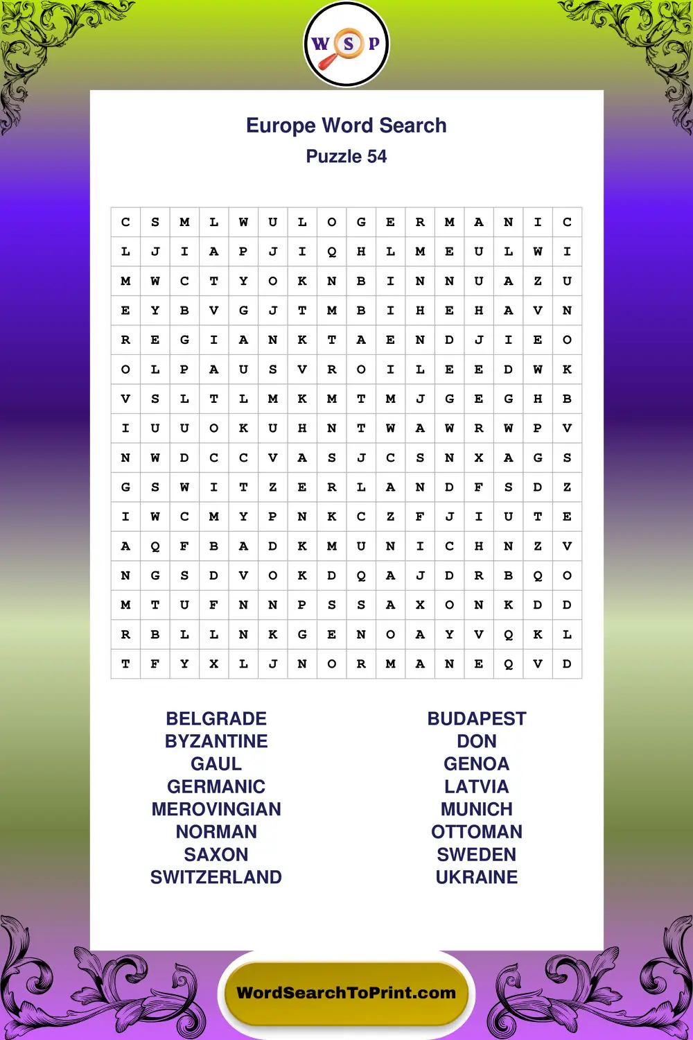 Europe Word Search Puzzle 54
