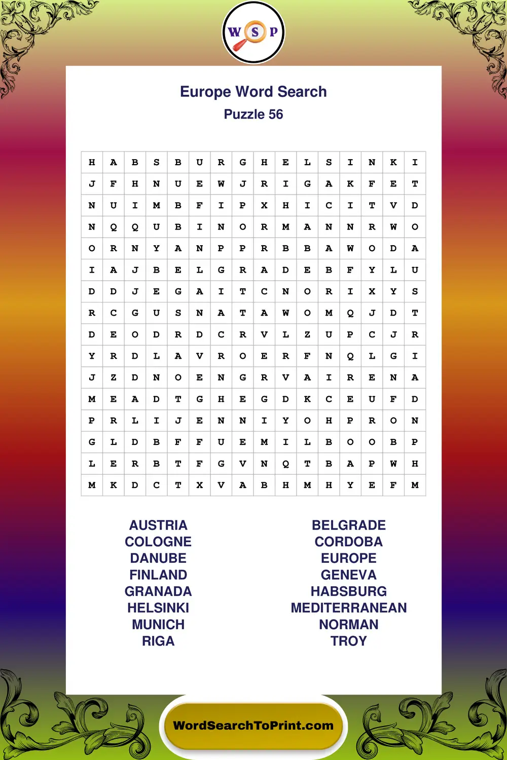 Europe Word Search Puzzle 56