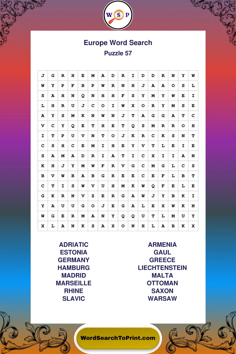 Europe Word Search Puzzle 57