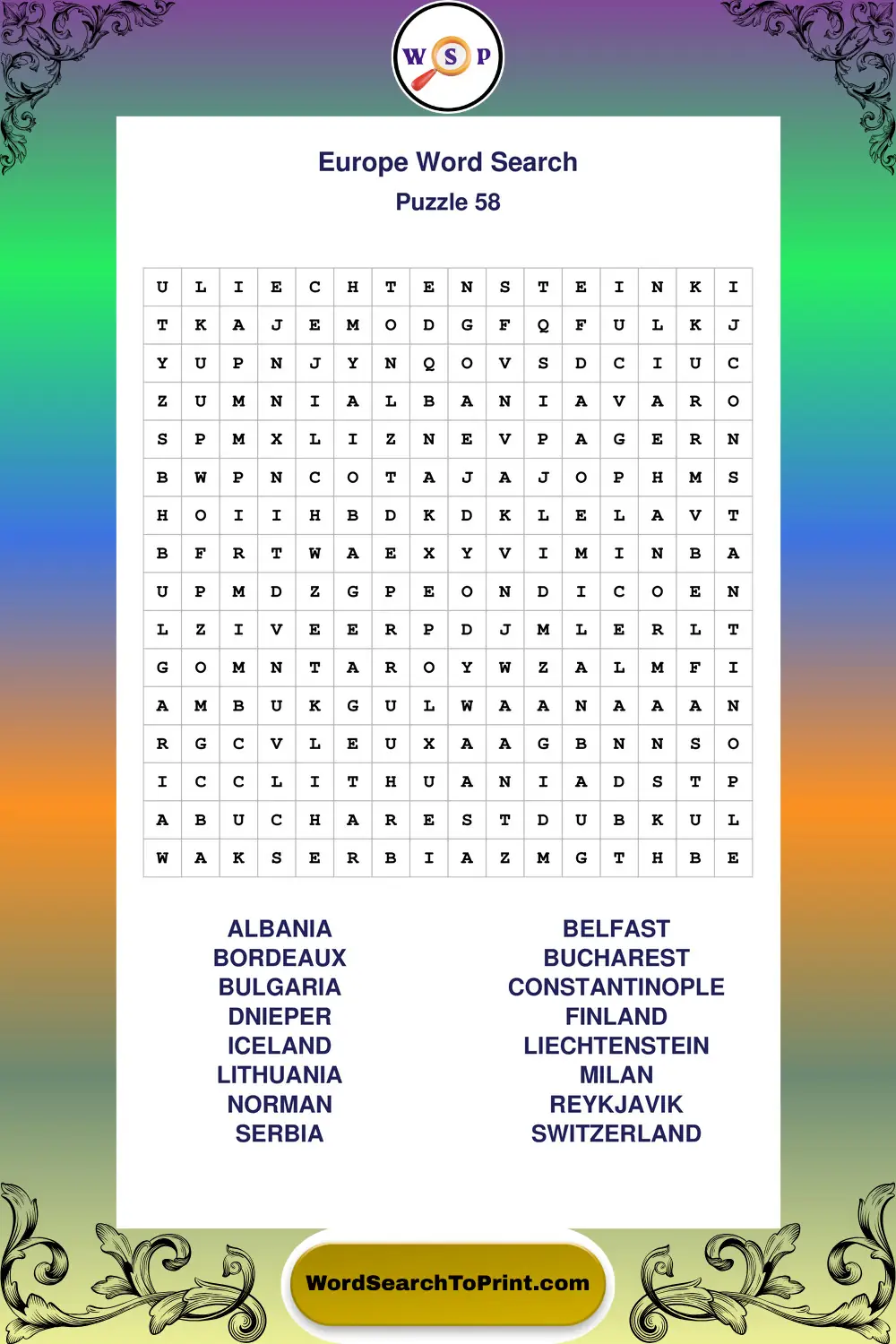 Europe Word Search Puzzle 58