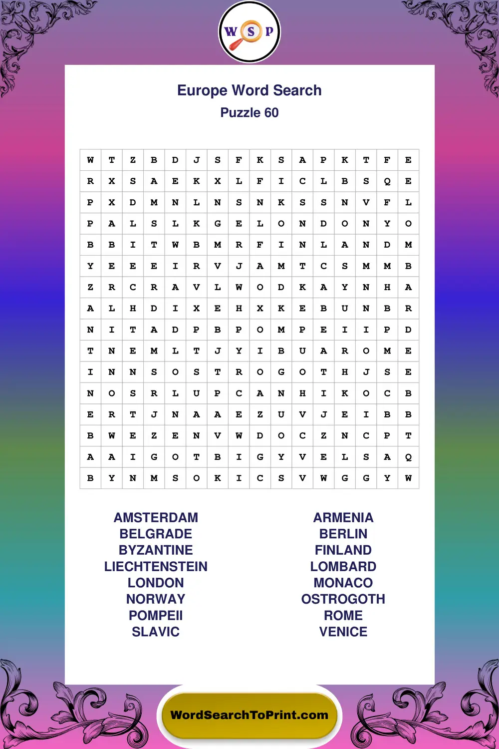 Europe Word Search Puzzle 60