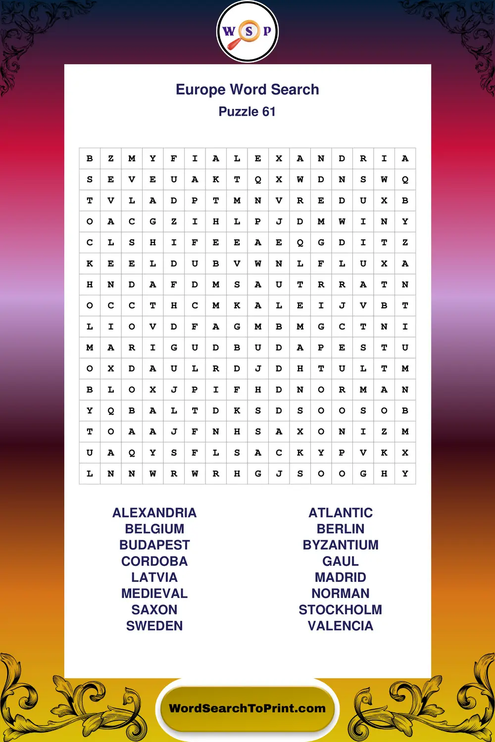 Europe Word Search Puzzle 61