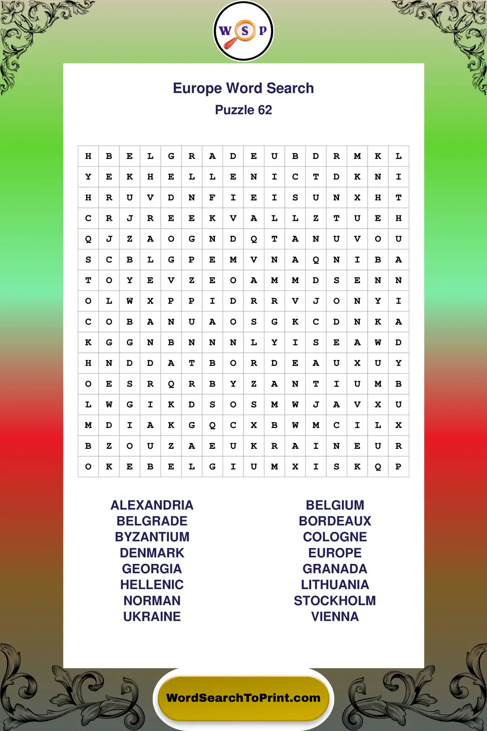 Europe Word Search Puzzle 62