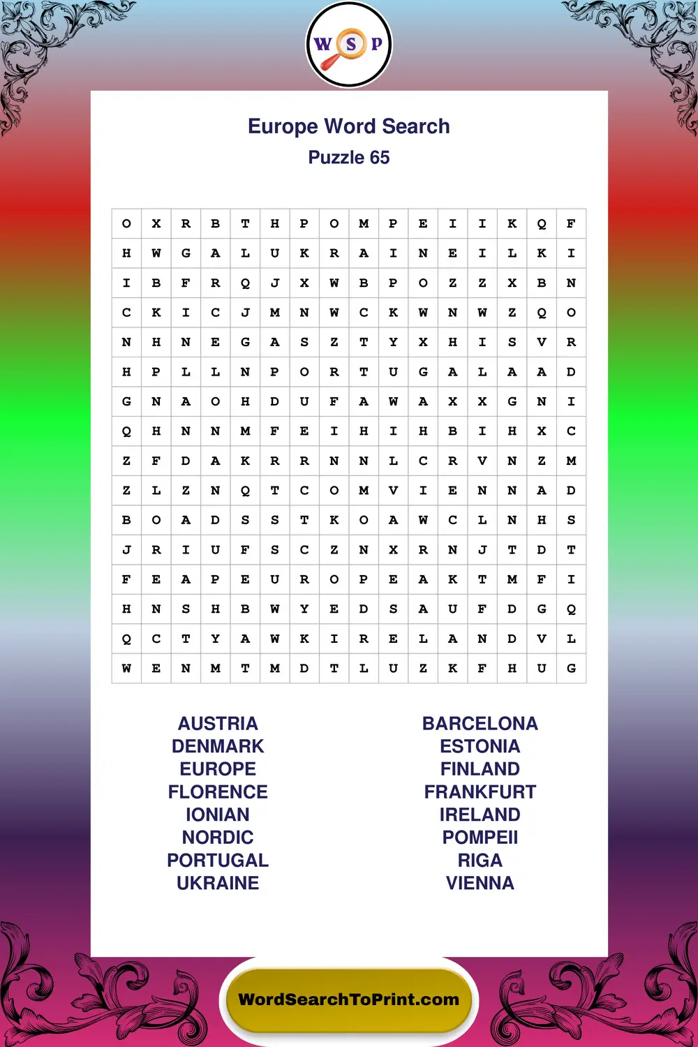 Europe Word Search Puzzle 65