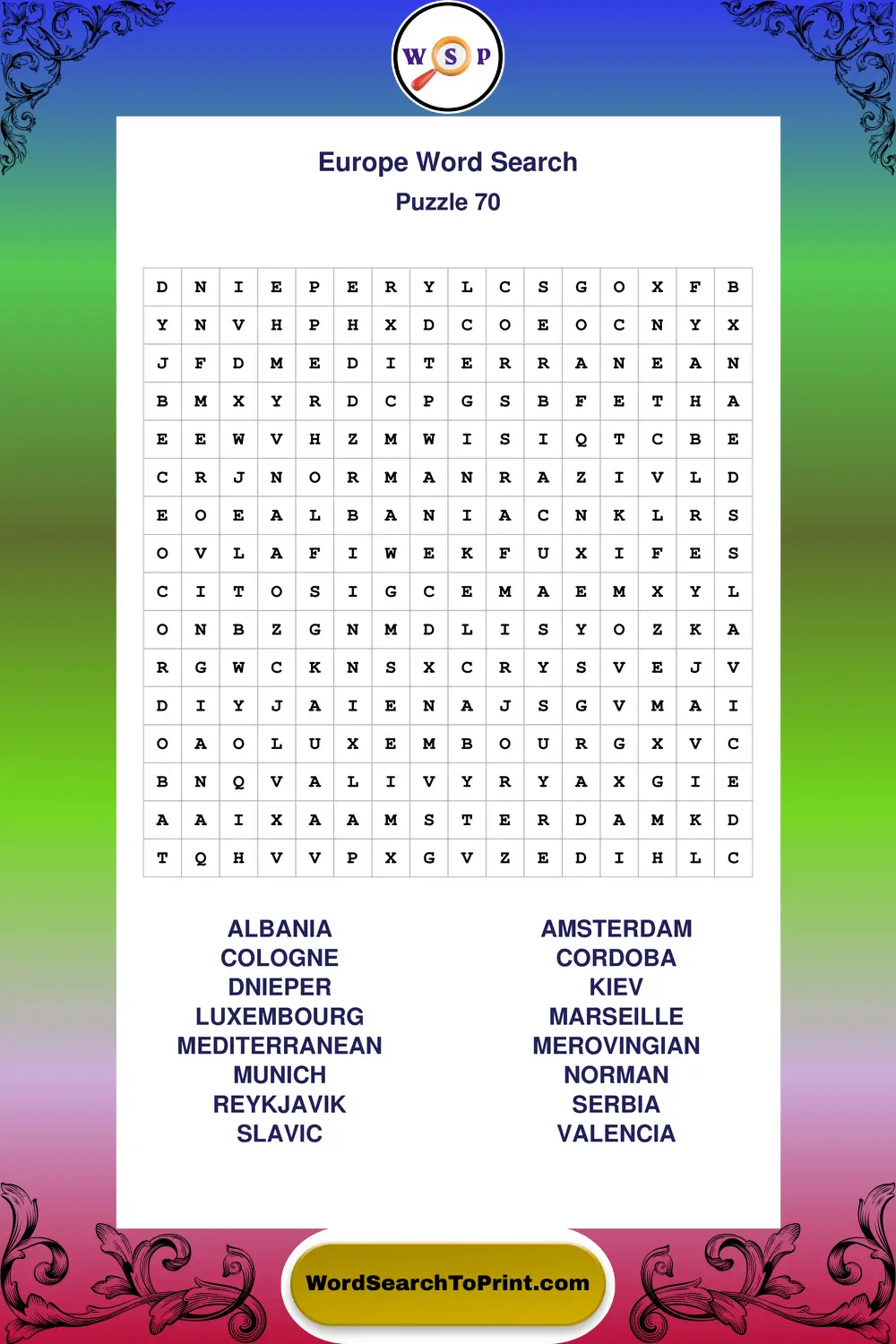 Europe Word Search Puzzle 70