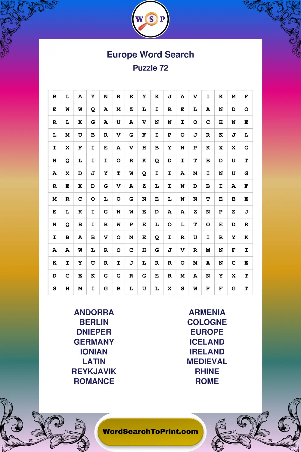 Europe Word Search Puzzle 72