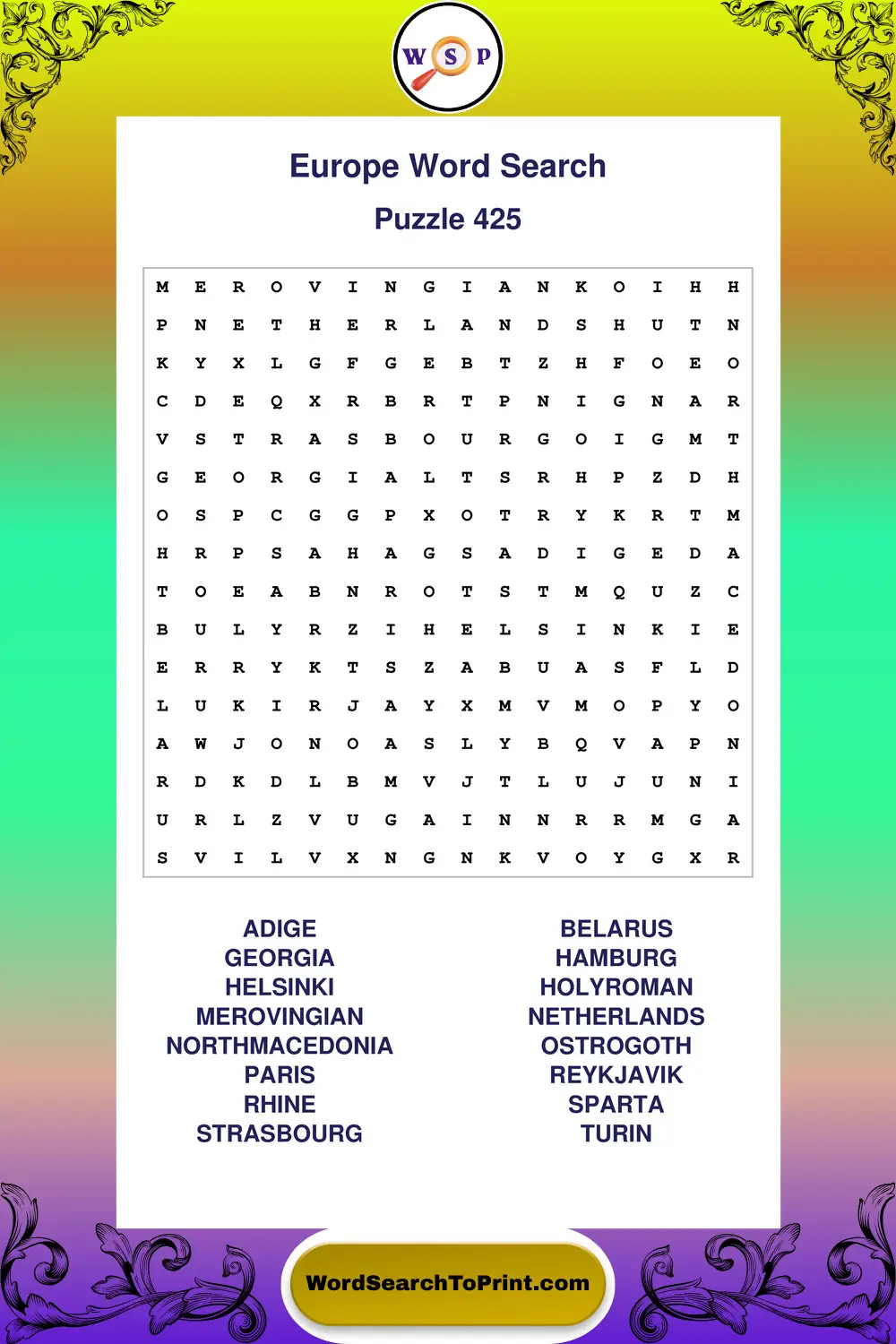 Europe Word Search Puzzle 425