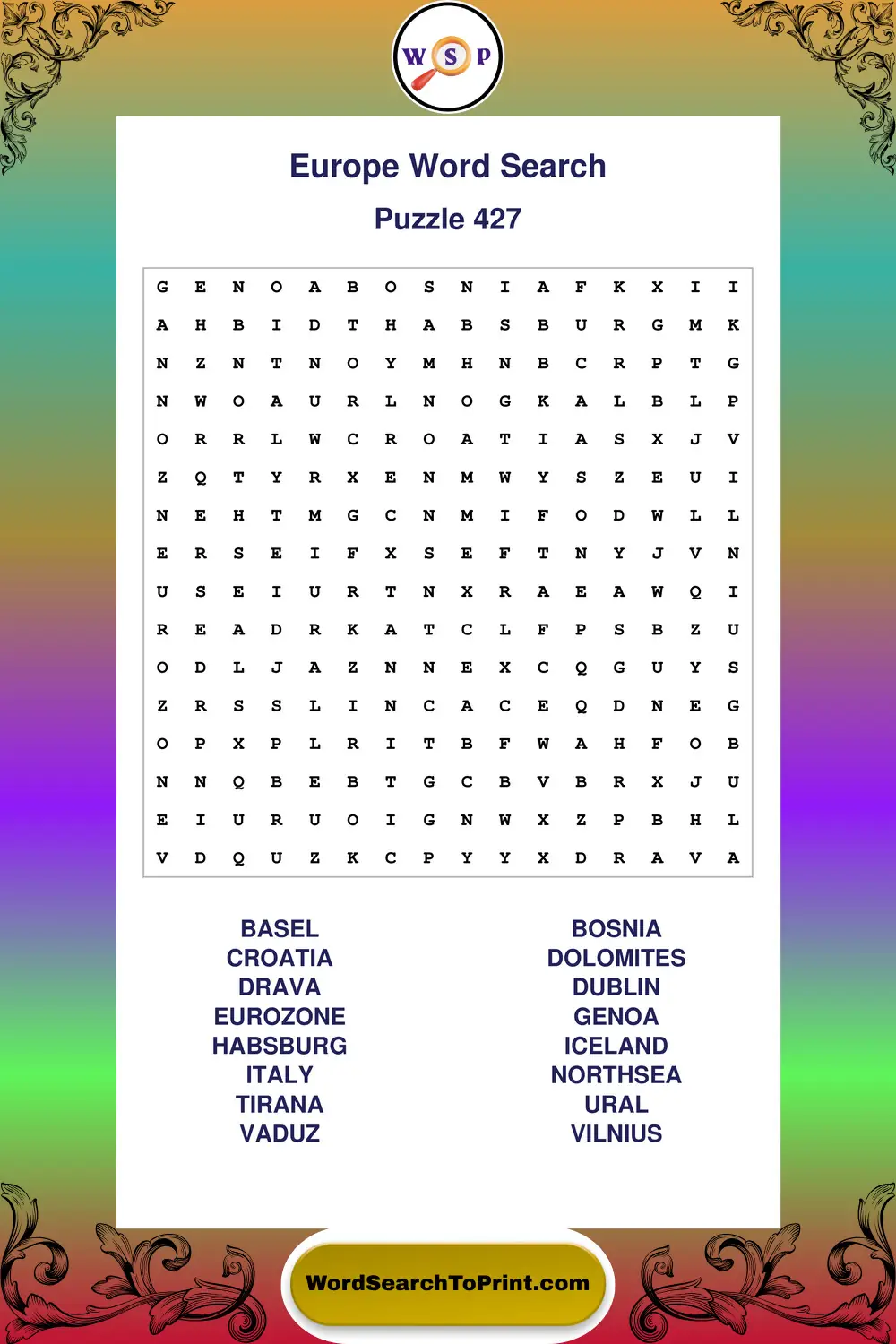 Europe Word Search Puzzle 427