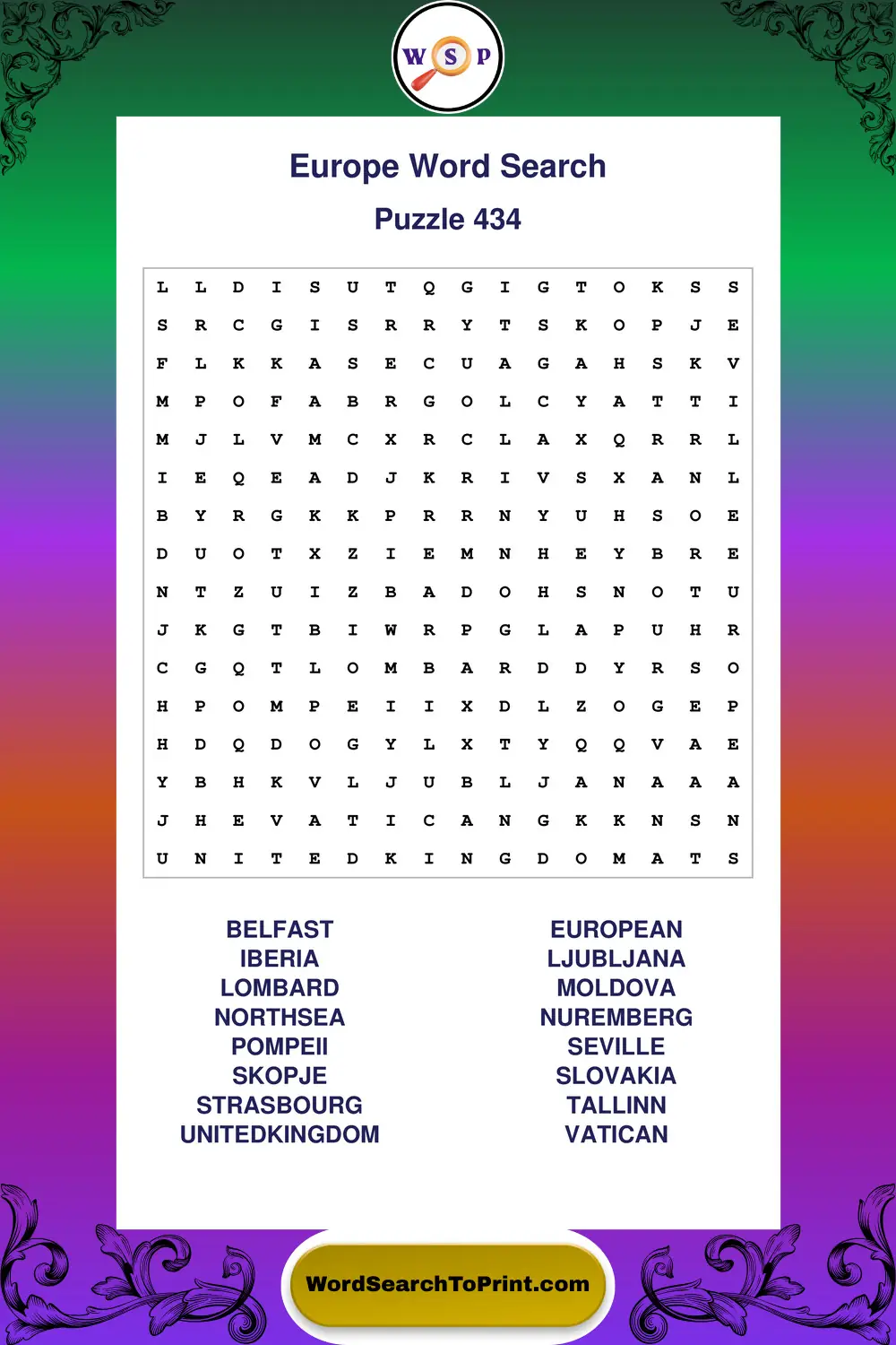 Europe Word Search Puzzle 434