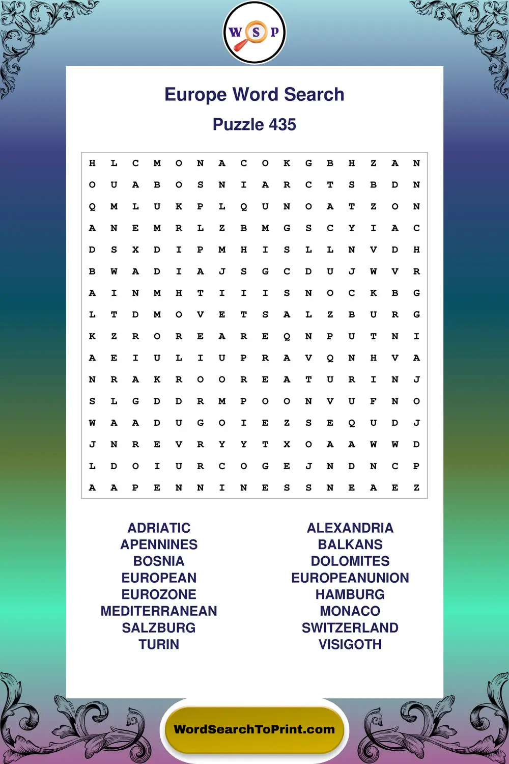 Europe Word Search Puzzle 435