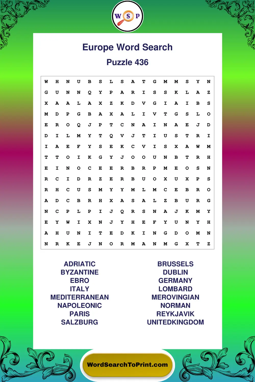 Europe Word Search Puzzle 436
