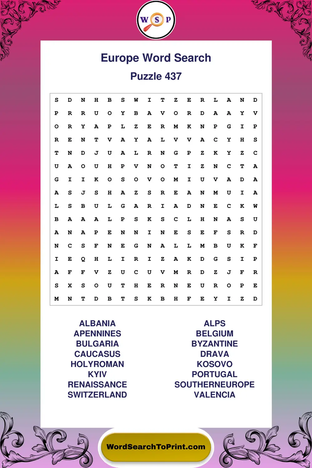 Europe Word Search Puzzle 437