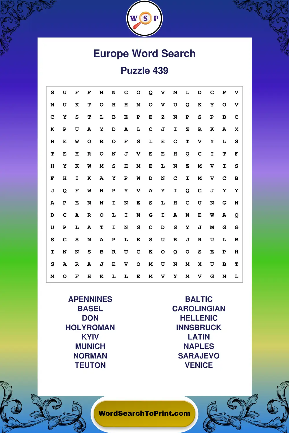 Europe Word Search Puzzle 439