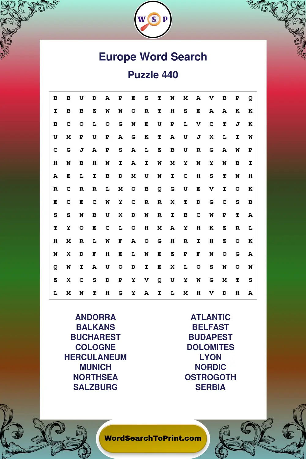 Europe Word Search Puzzle 440