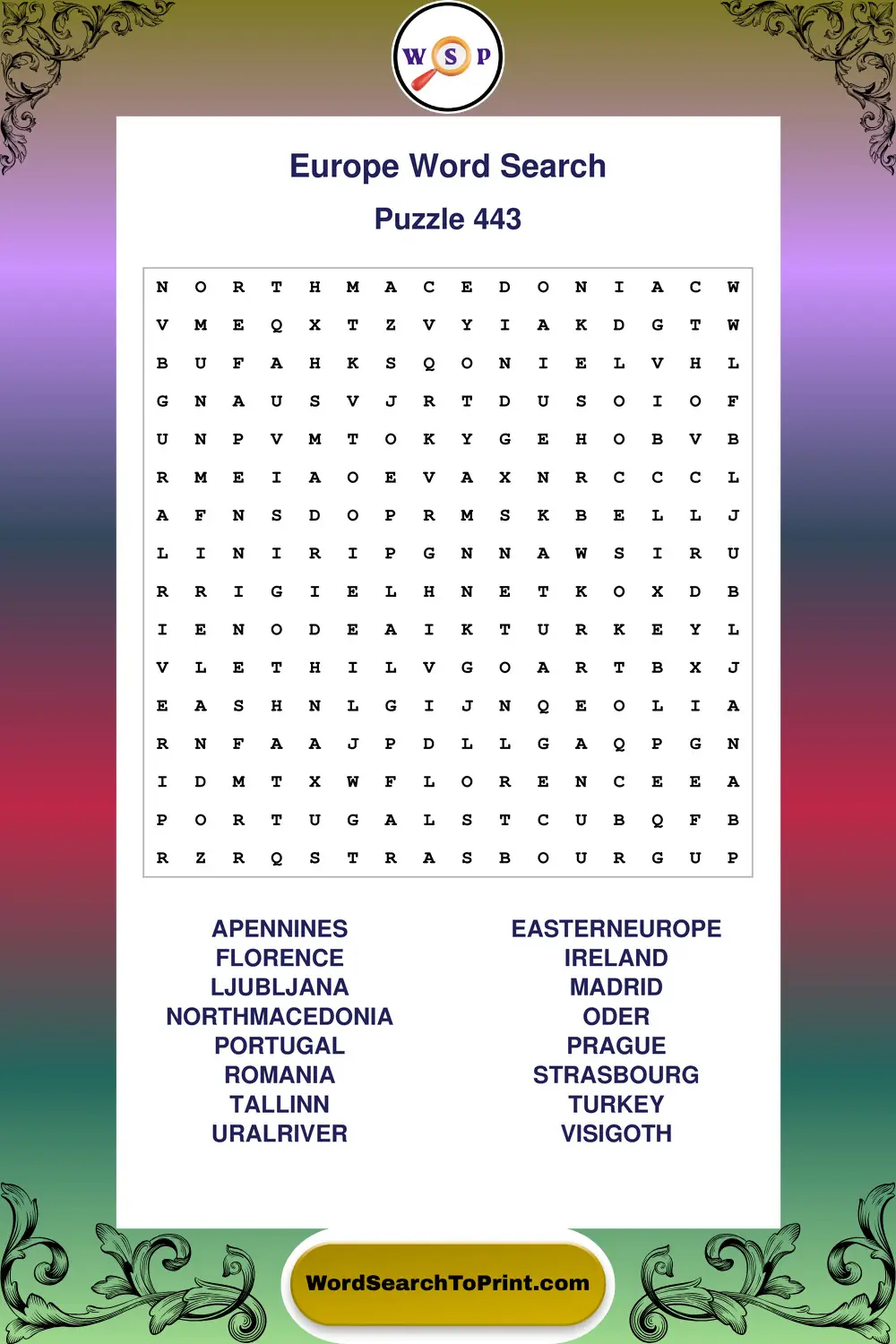 Europe Word Search Puzzle 443