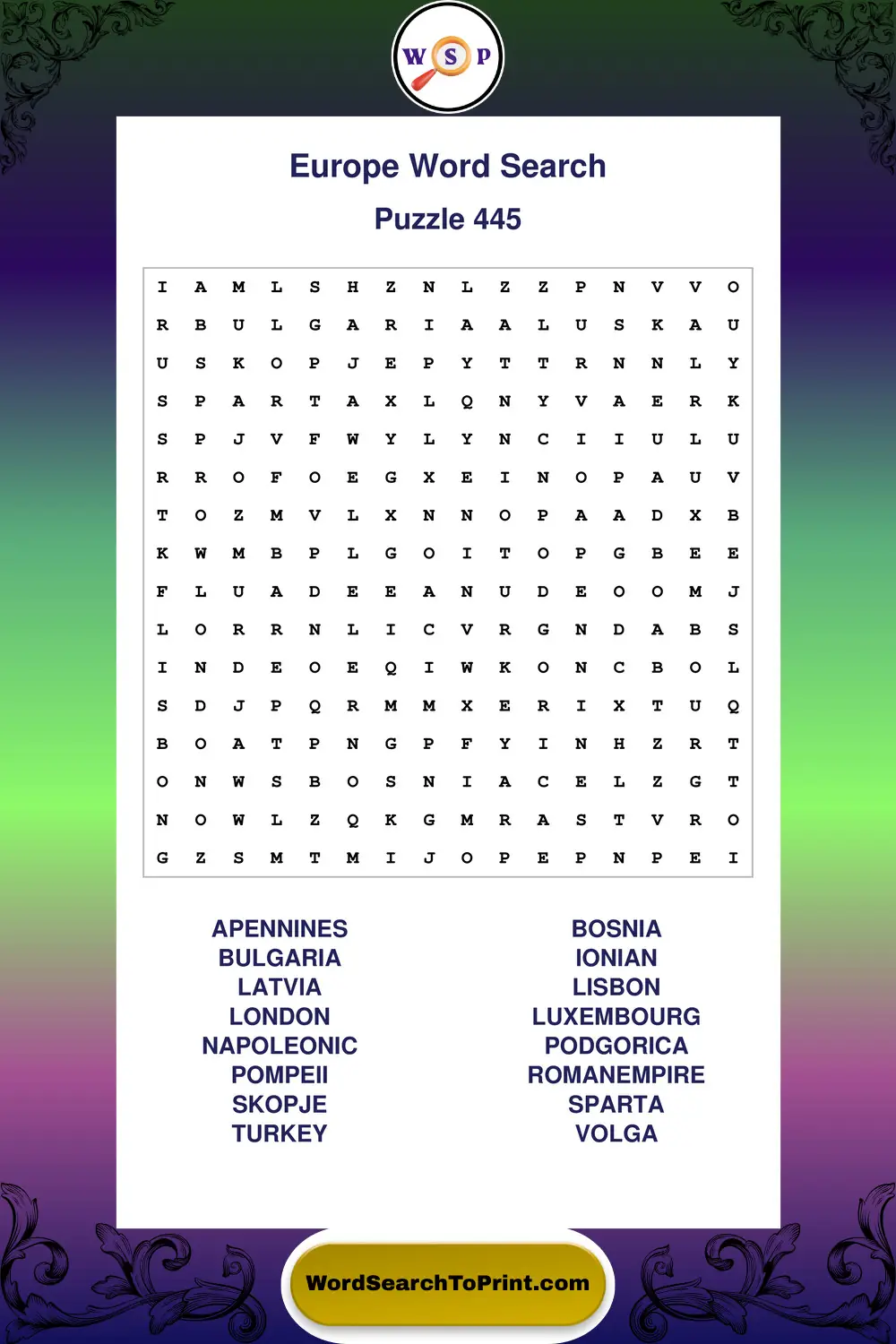 Europe Word Search Puzzle 445