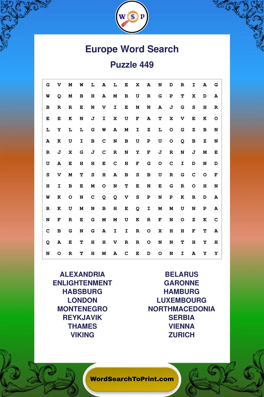 Europe Word Search Puzzle 449