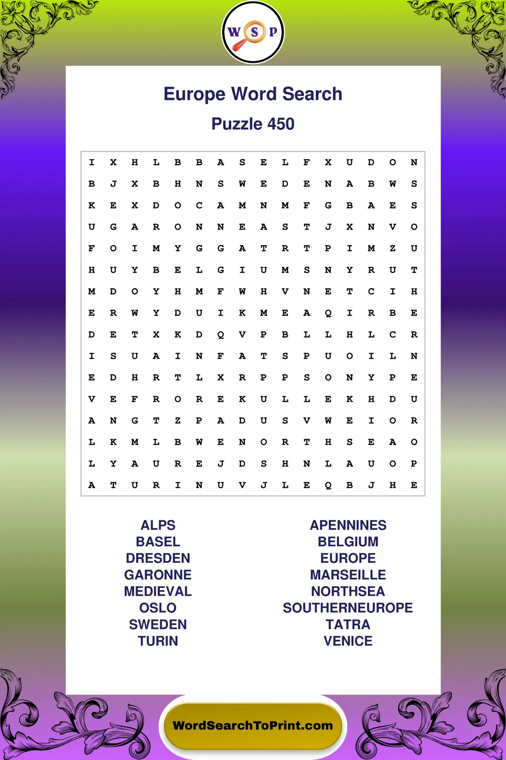 Europe Word Search Puzzle 450