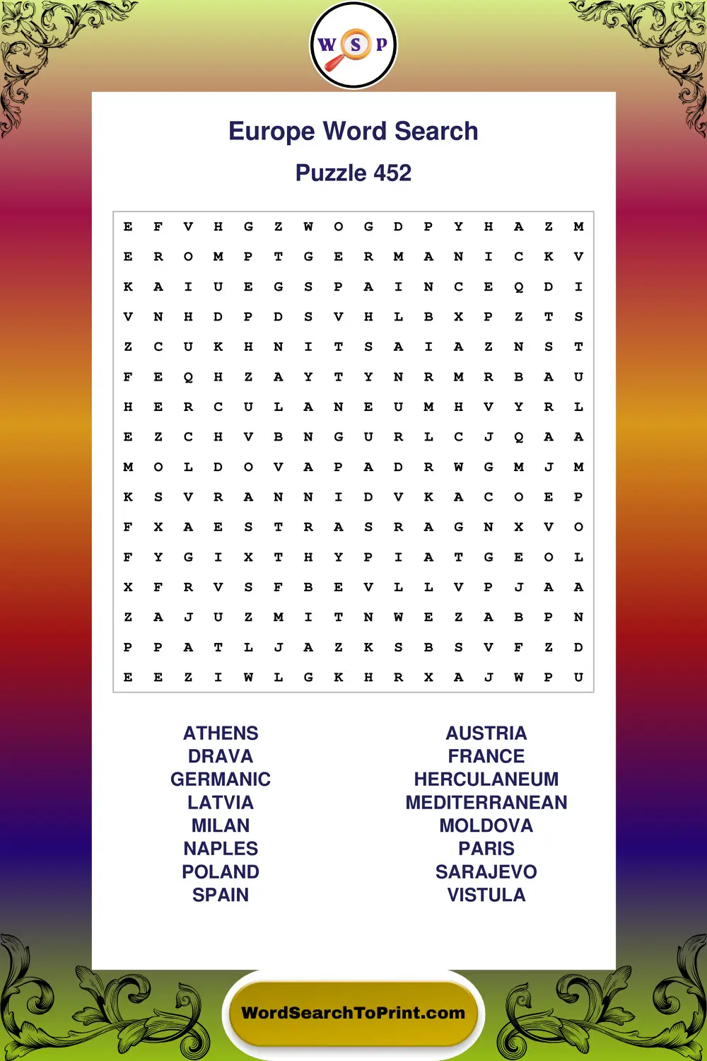 Europe Word Search Puzzle 452