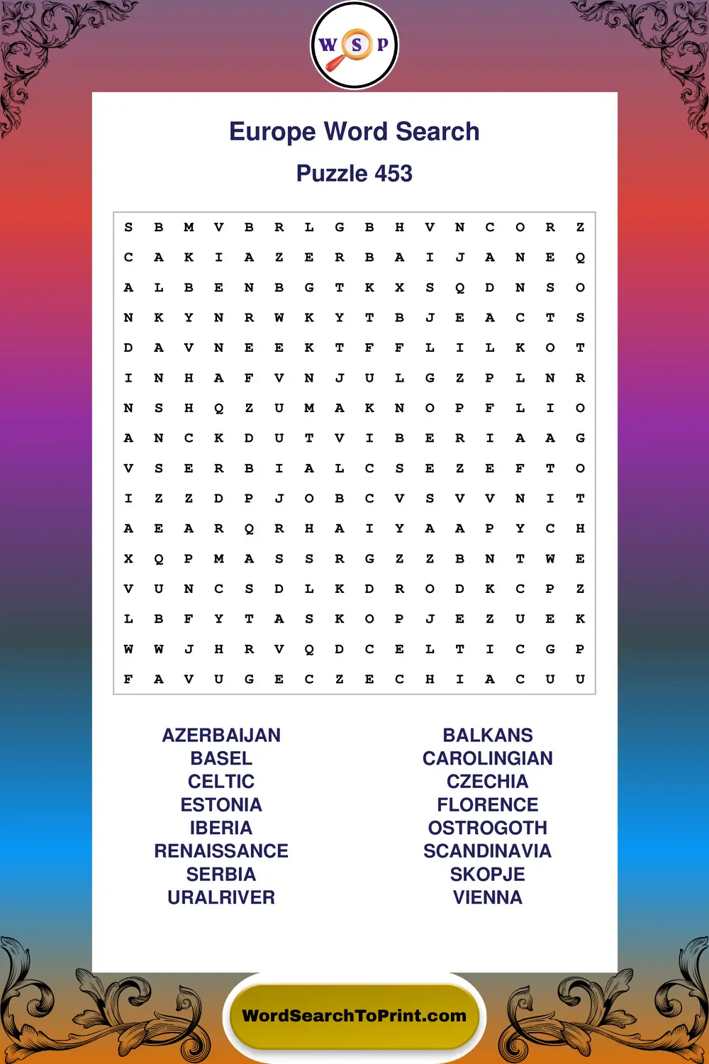 Europe Word Search Puzzle 453
