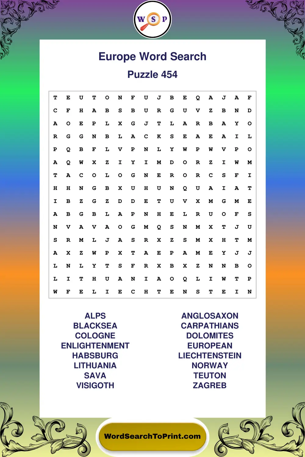 Europe Word Search Puzzle 454