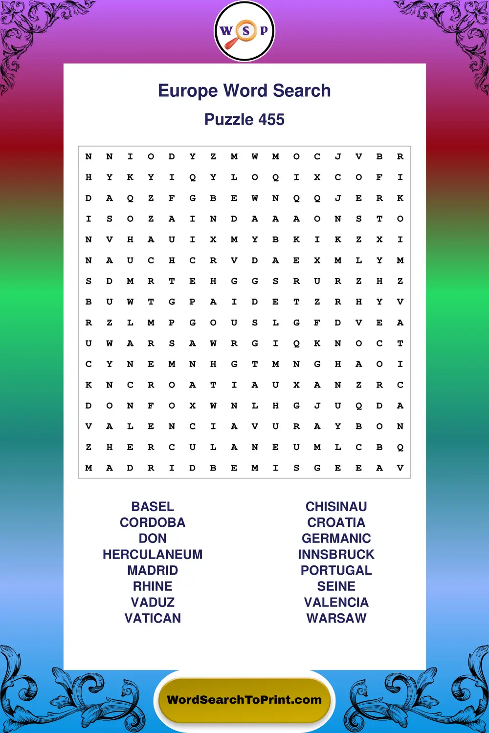 Europe Word Search Puzzle 455