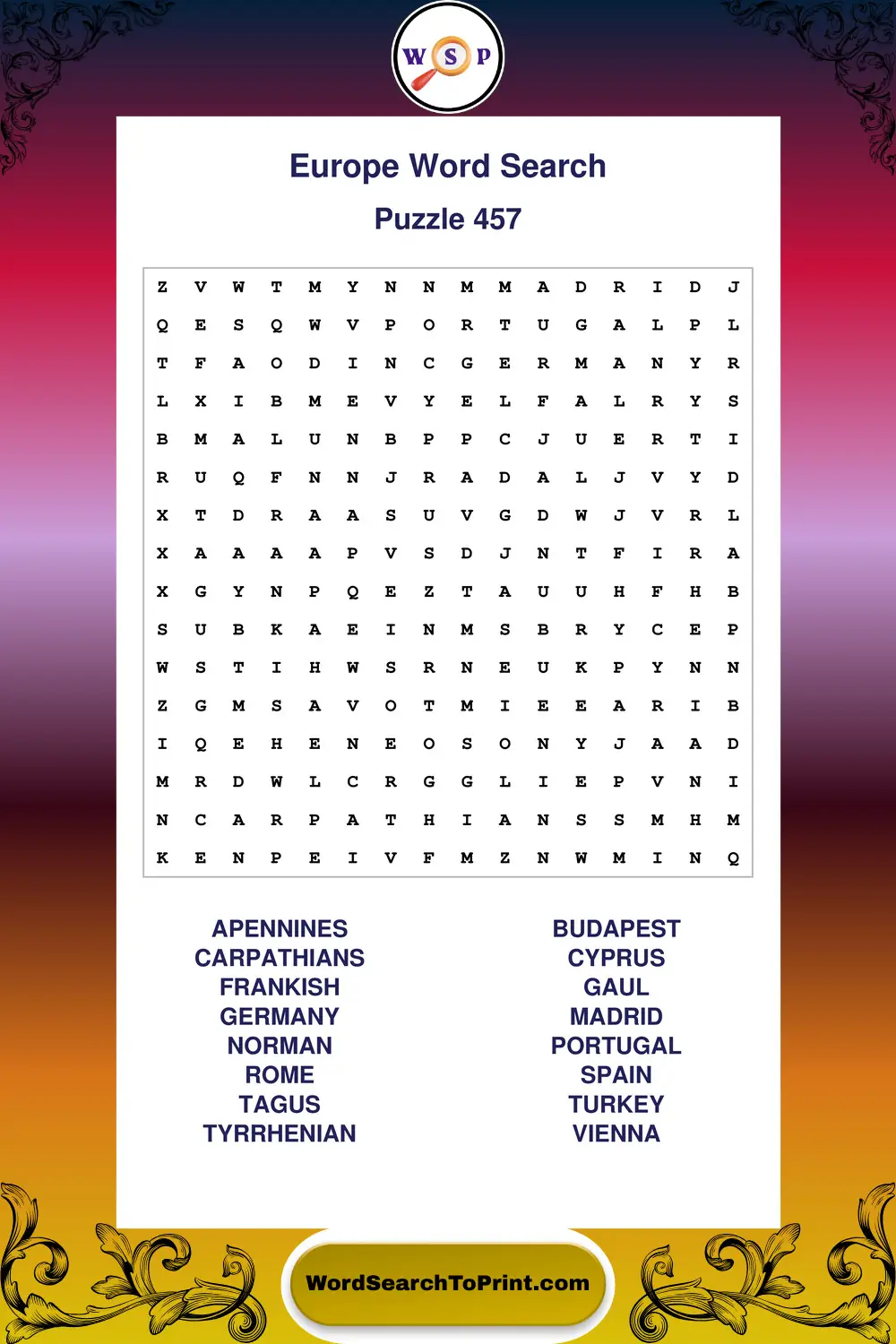 Europe Word Search Puzzle 457