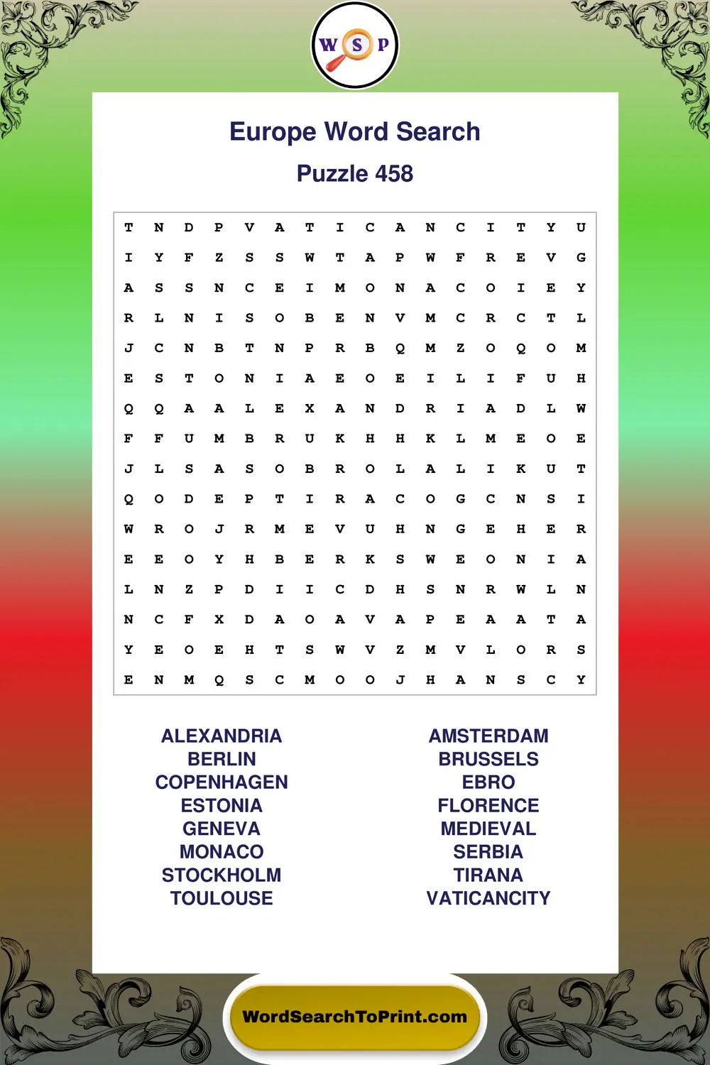 Europe Word Search Puzzle 458