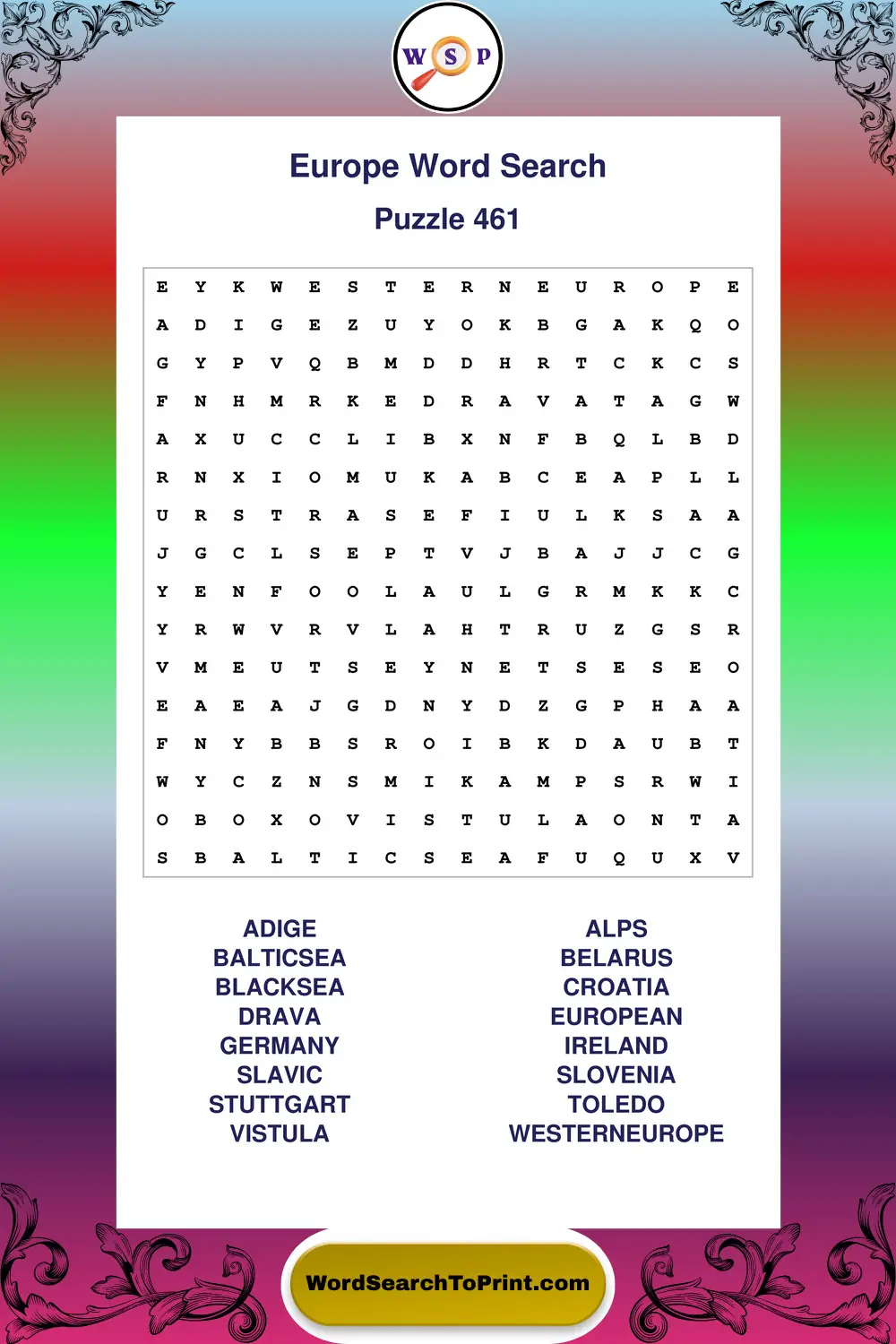 Europe Word Search Puzzle 461