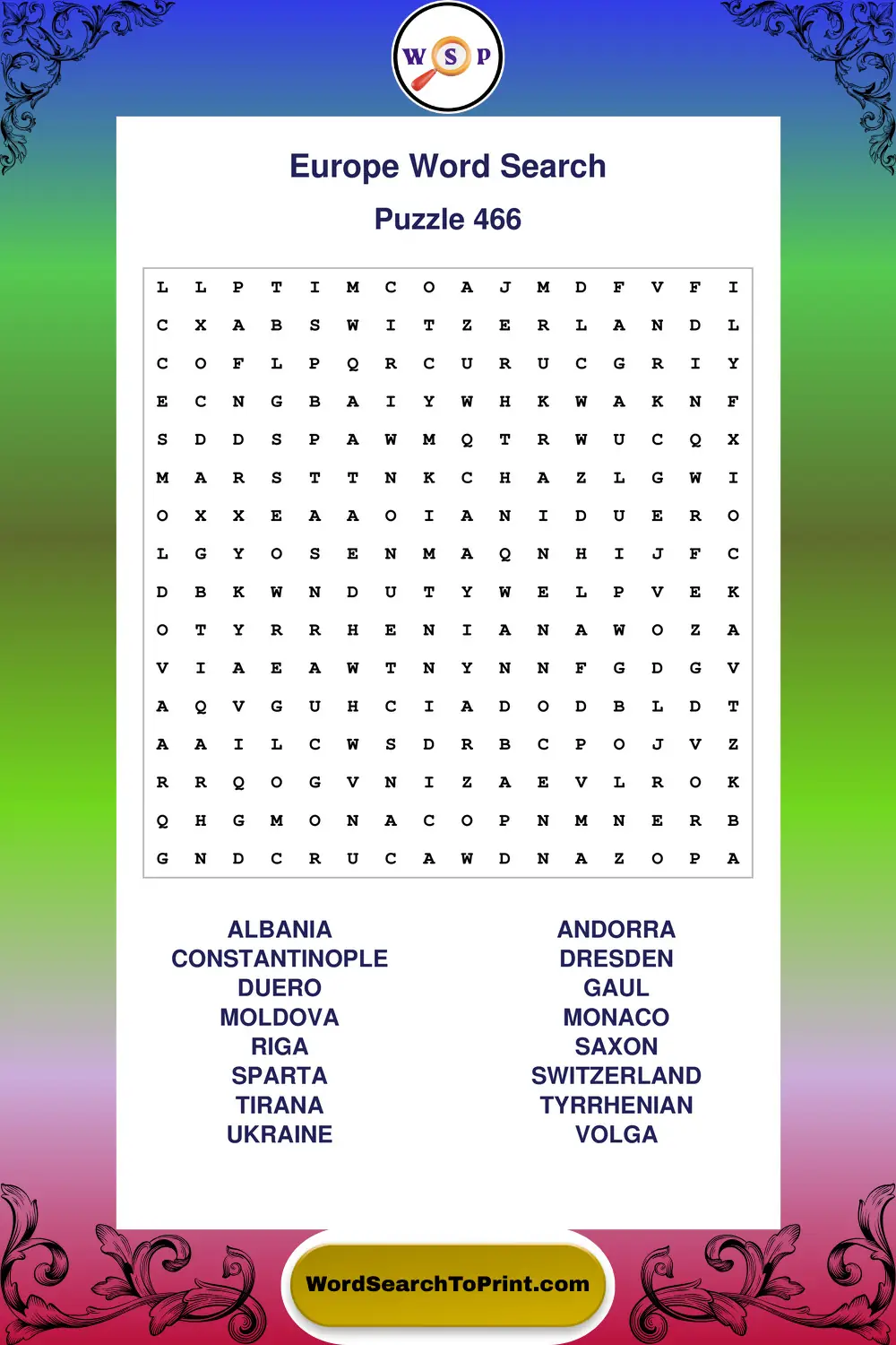 Europe Word Search Puzzle 466