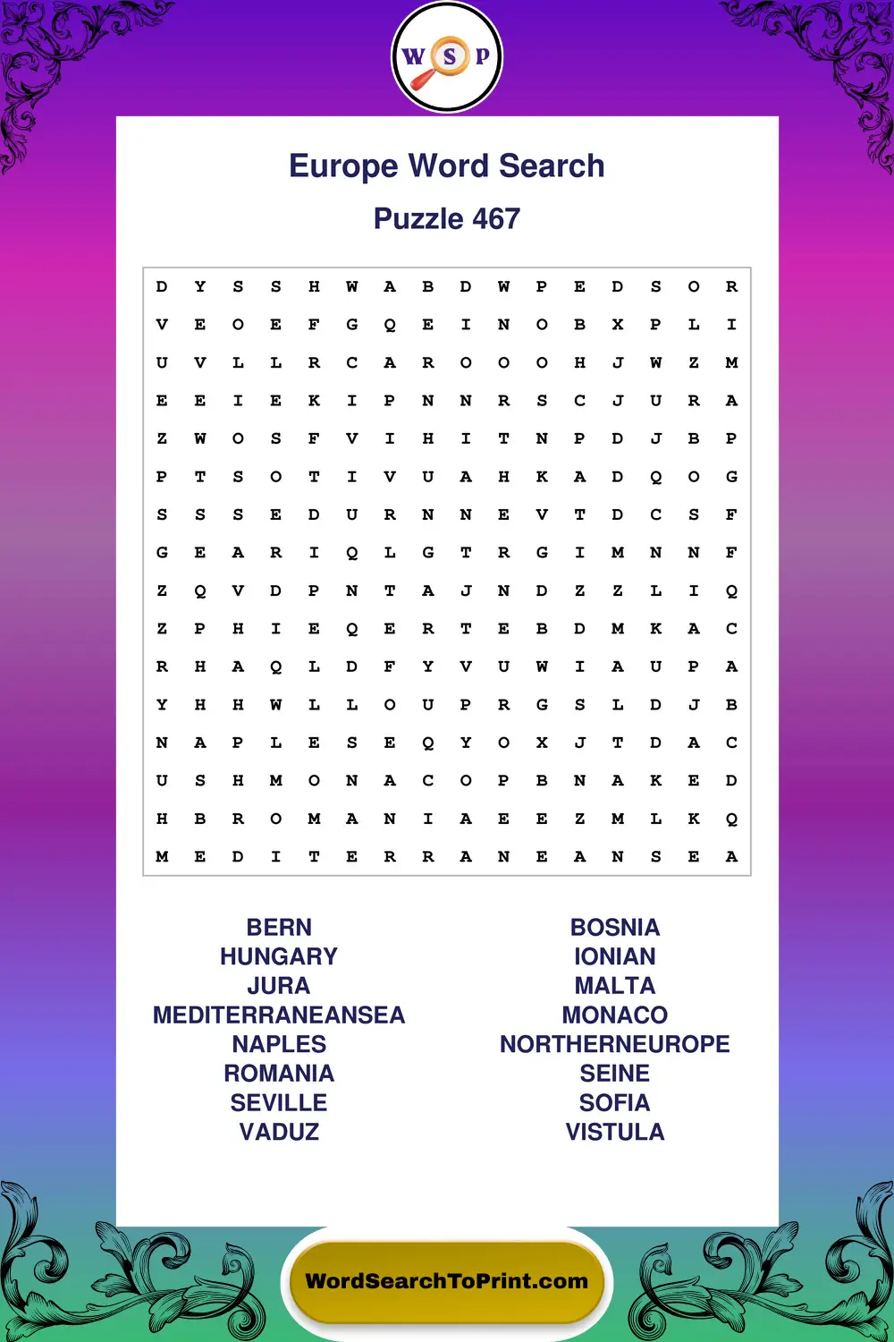 Europe Word Search Puzzle 467