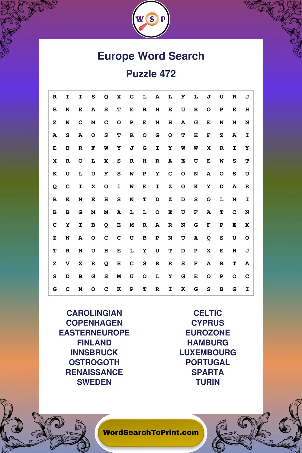 Europe Word Search Puzzle 472