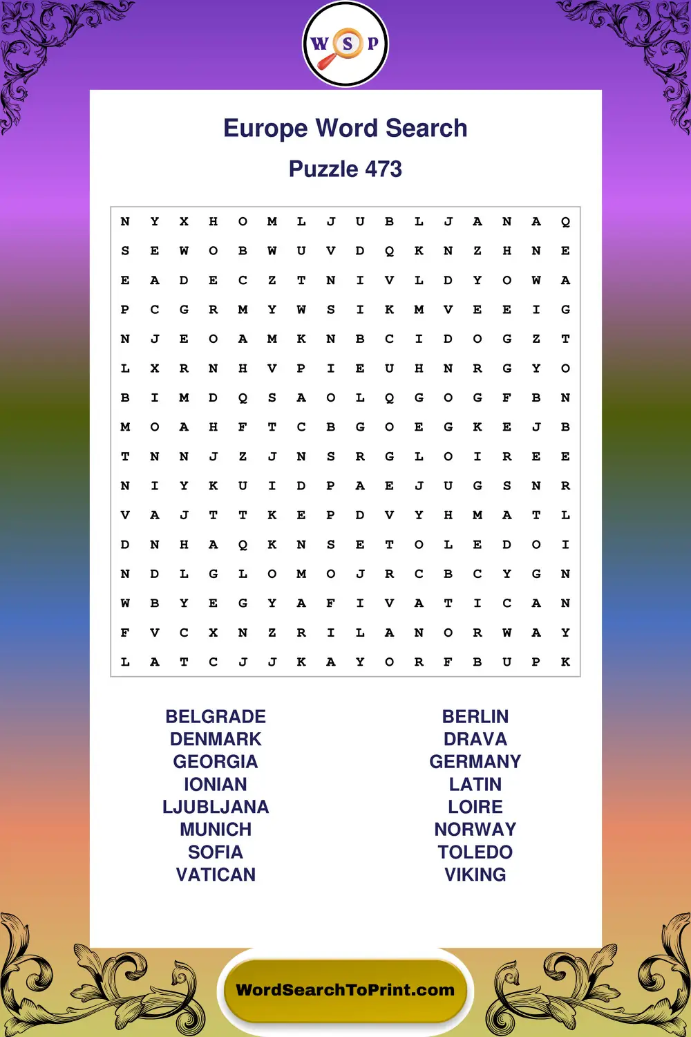 Europe Word Search Puzzle 473