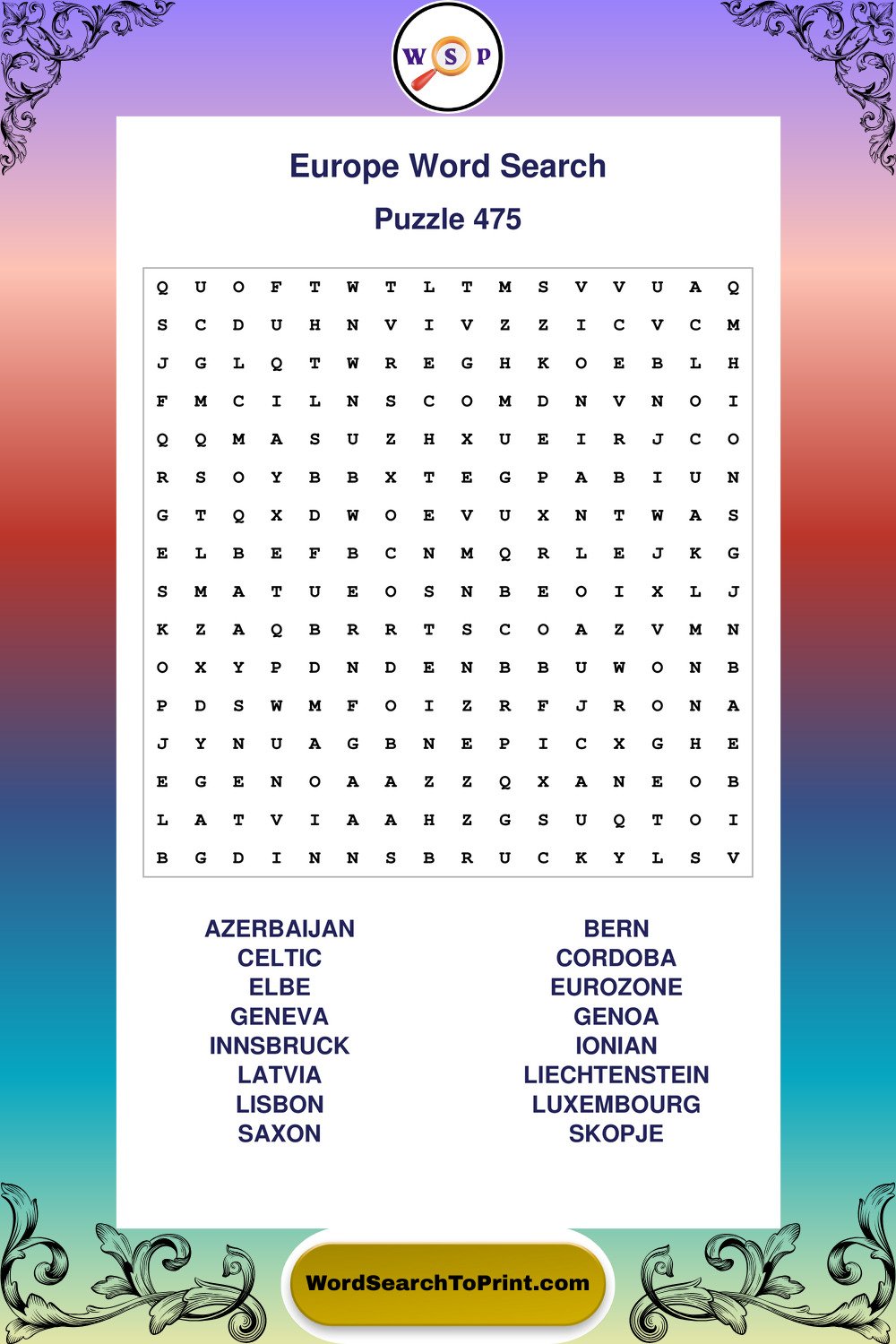 Europe Word Search Puzzle 475