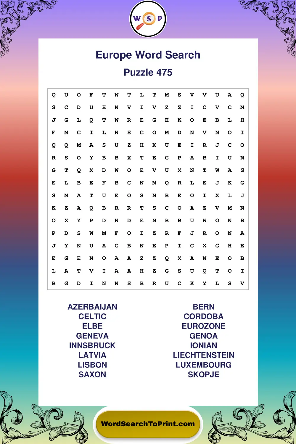 Europe Word Search Puzzle 475