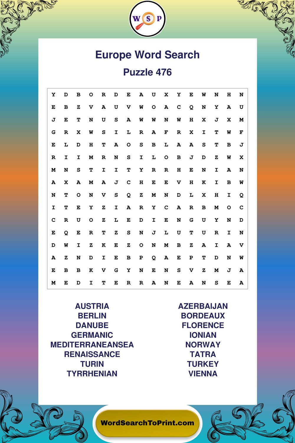 Europe Word Search Puzzle 476