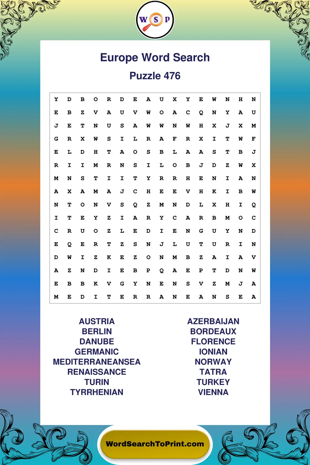 Europe Word Search Puzzle 476
