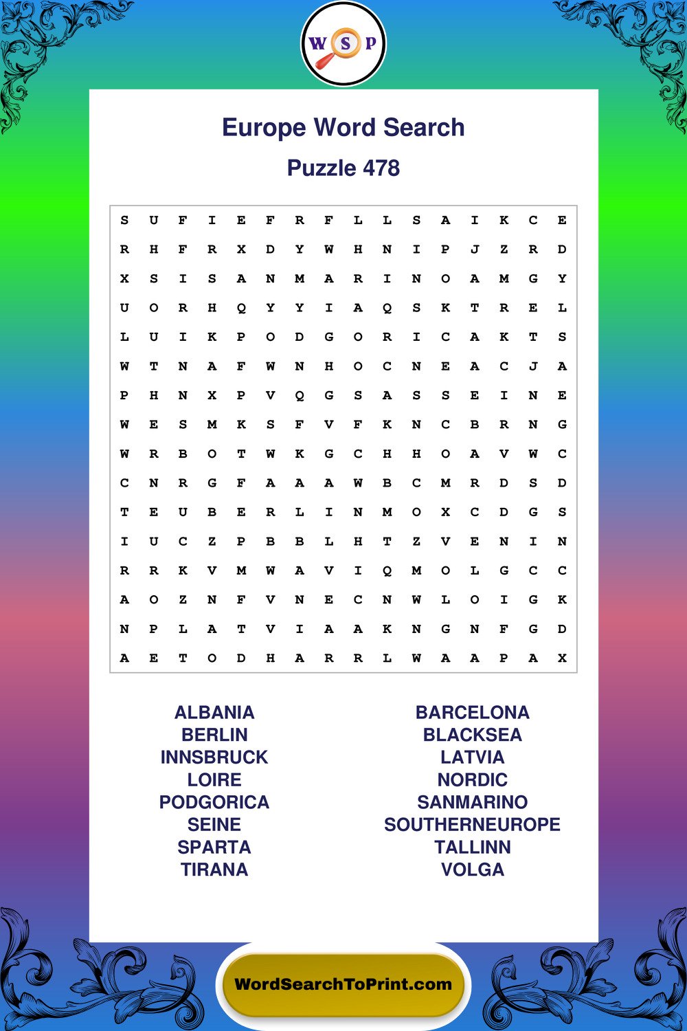 Europe Word Search Puzzle 478