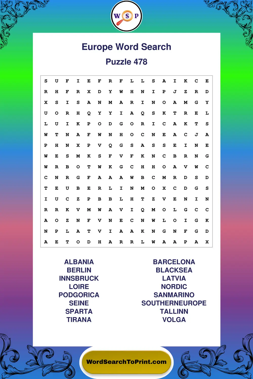 Europe Word Search Puzzle 478