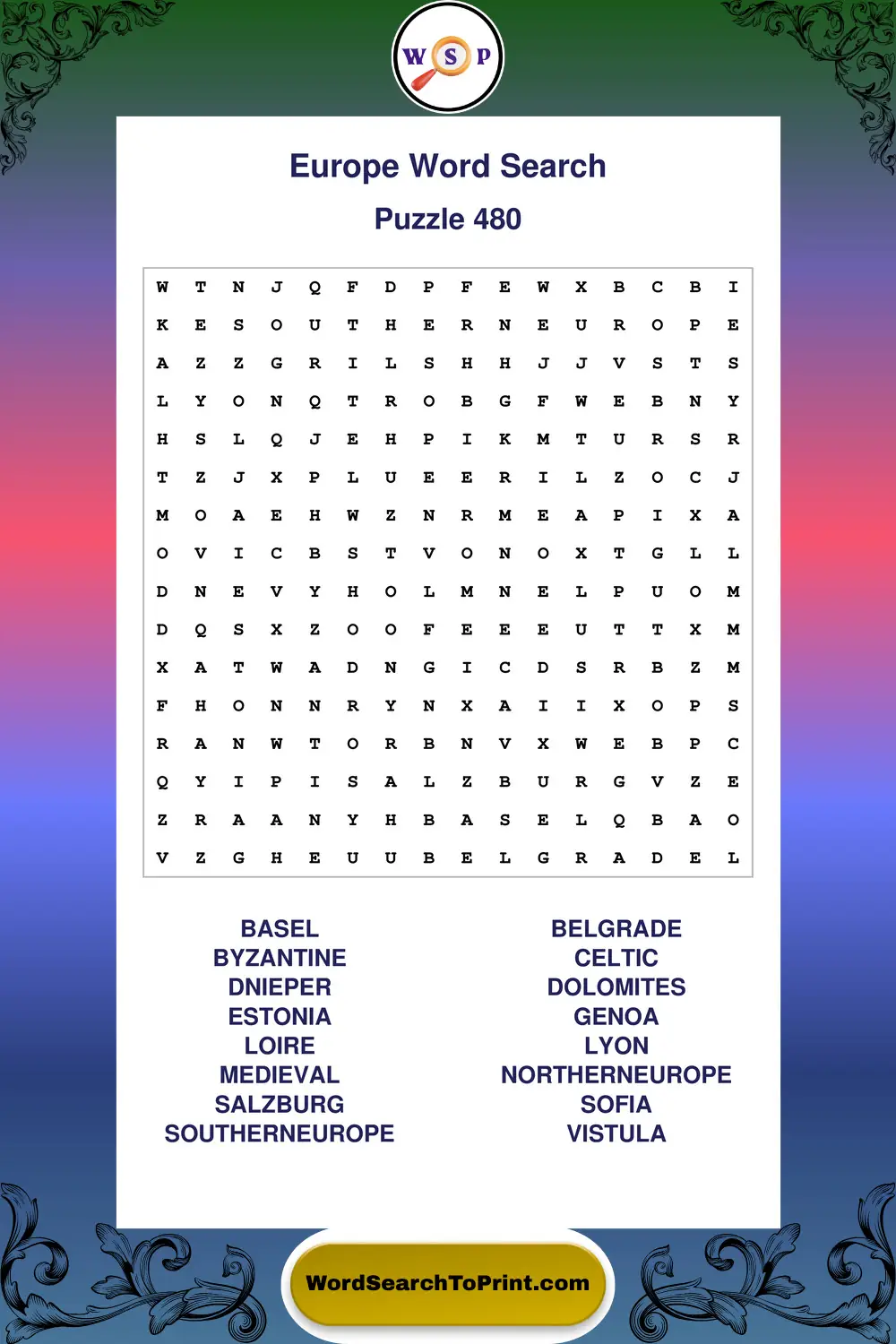 Europe Word Search Puzzle 480