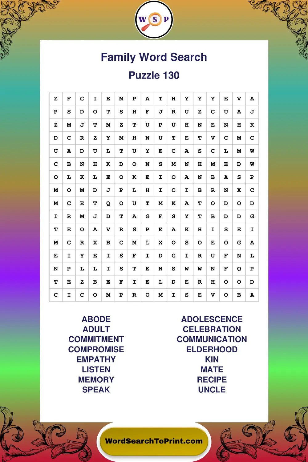 Family Word Search Puzzle 130