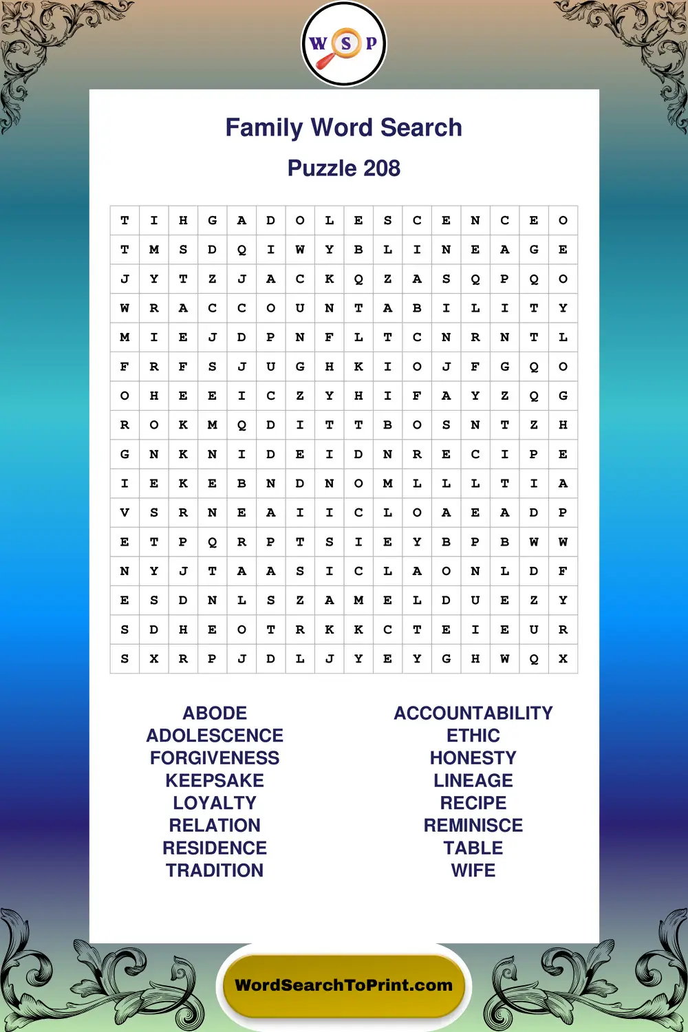 Family Word Search Puzzle 208