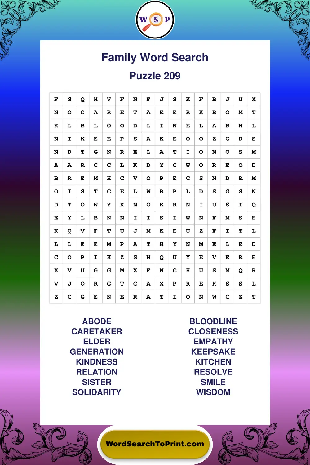 Family Word Search Puzzle 209