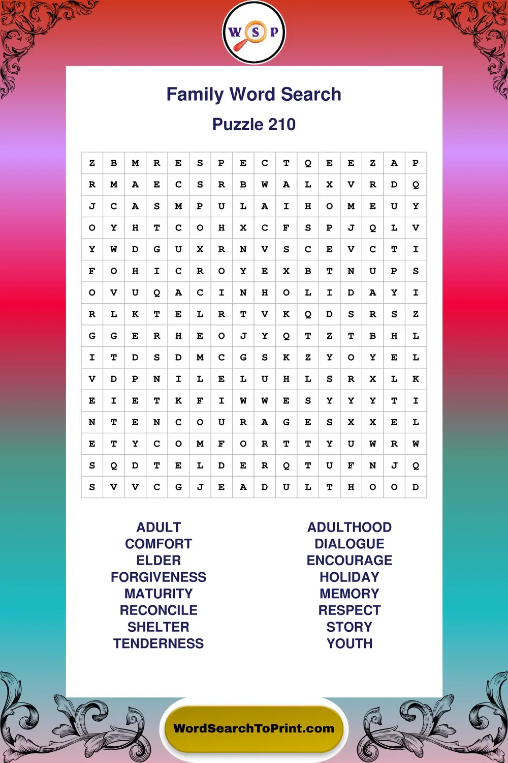 Family Word Search Puzzle 210