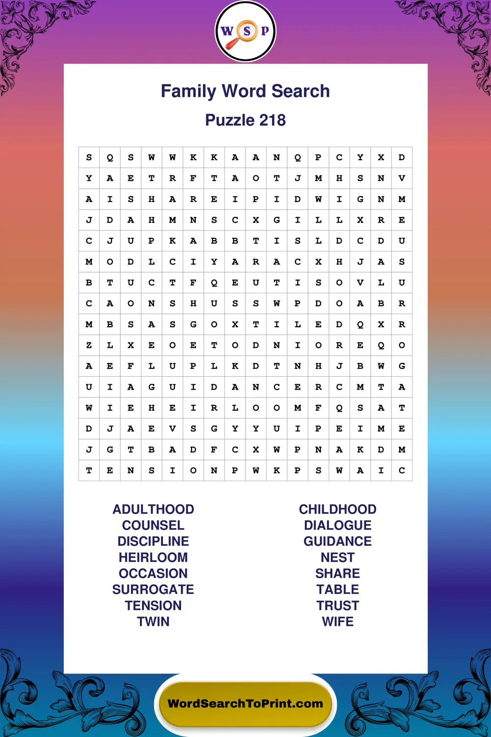 Family Word Search Puzzle 218