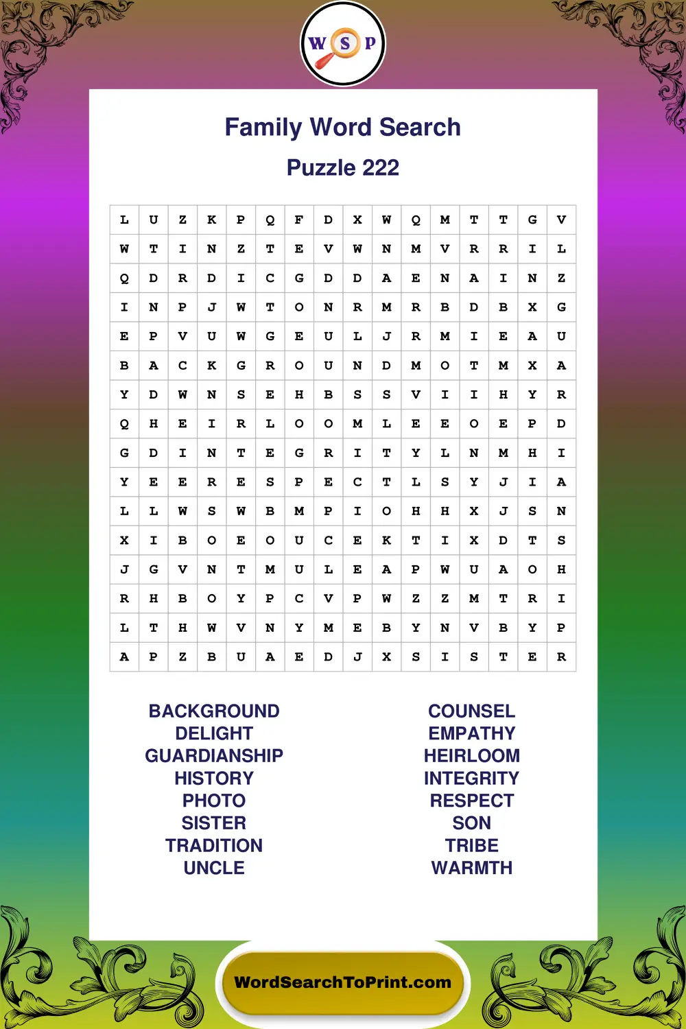 Family Word Search Puzzle 222