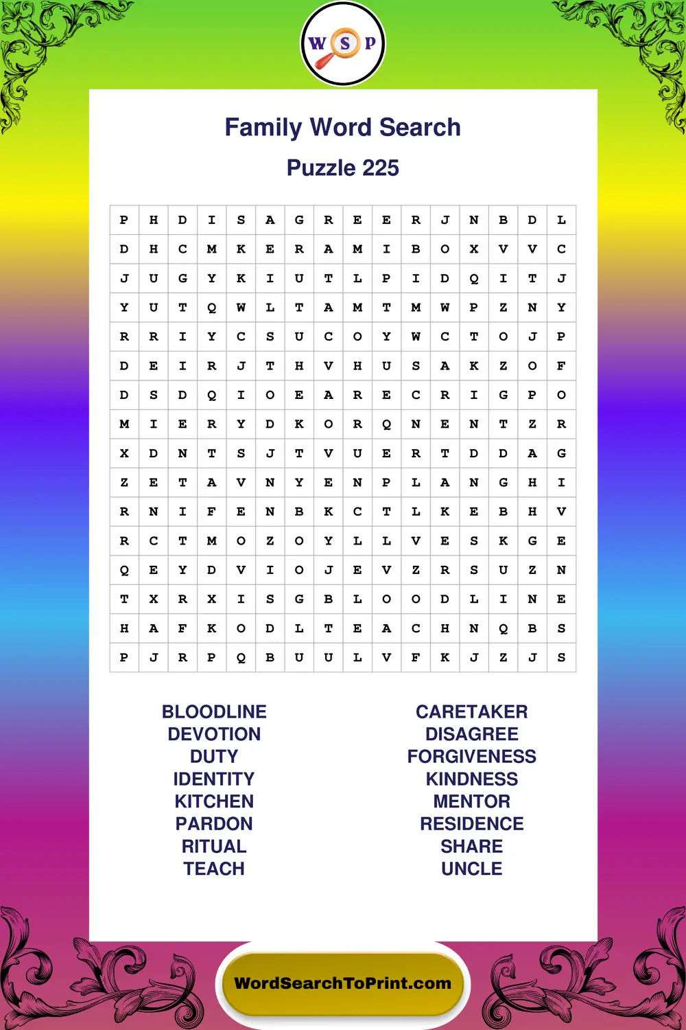 Family Word Search Puzzle 225