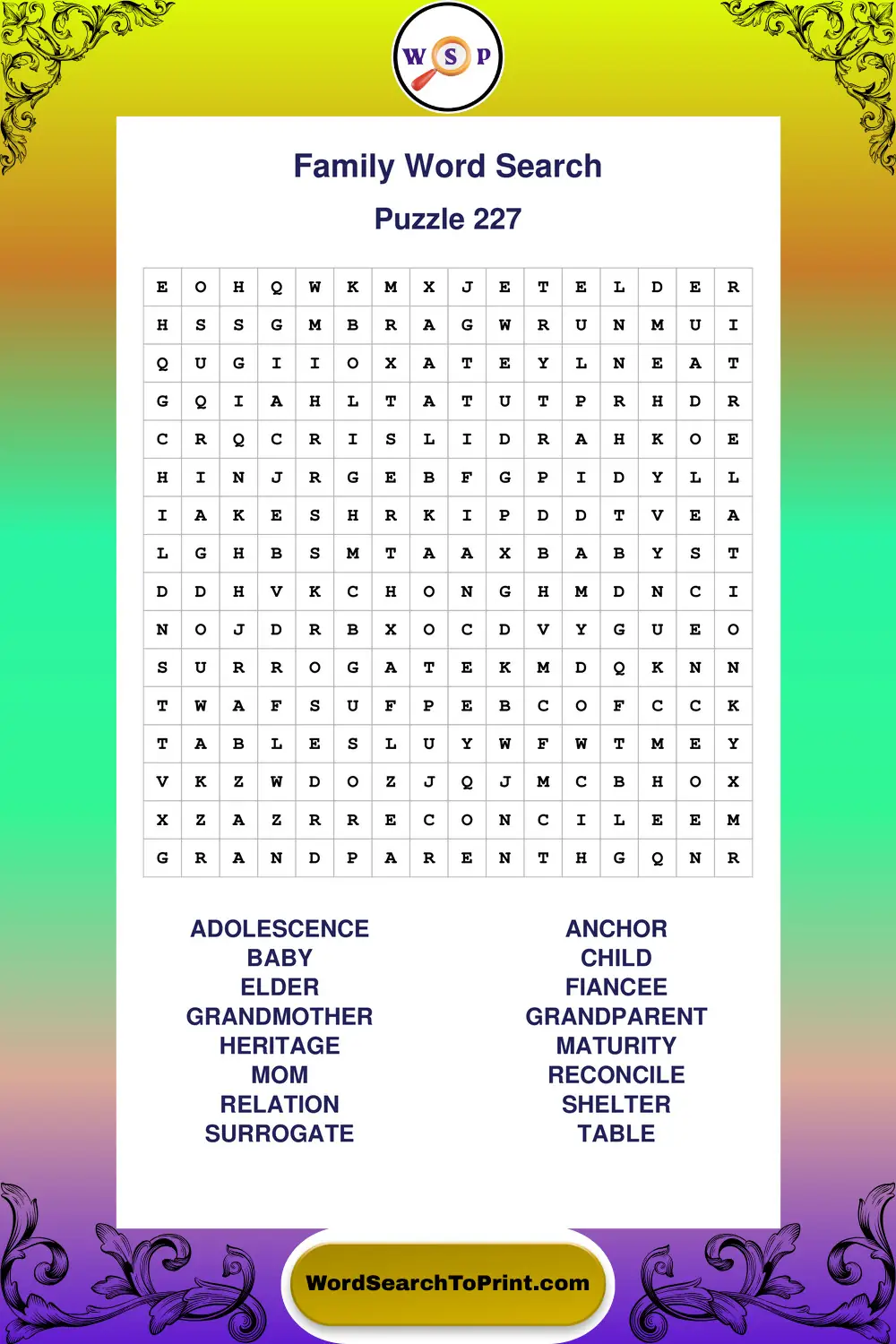 Family Word Search Puzzle 227
